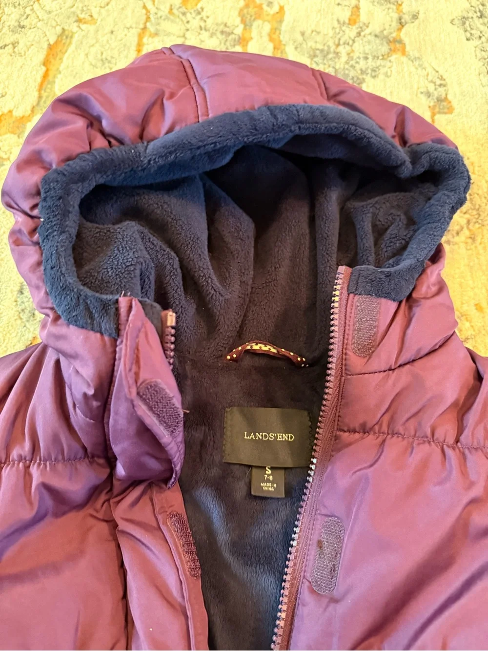 Kids Purple Puffer Jacket with Hood and Navy Fleece Lining